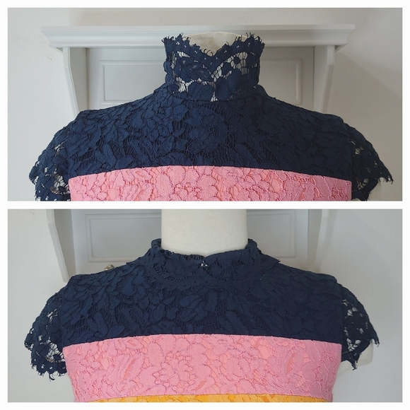 ALEX PERRY High Neck Lace Pencil Dress in Navy Pink & Orange Sz 6/S - Picture 8 of 15